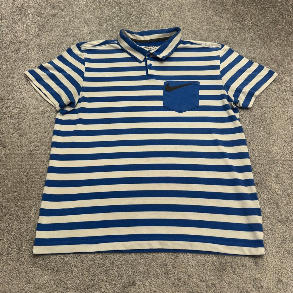 Nike Golf Dri-Fit Polo Shirt Mens large Blue White Striped Short Sleeve Active